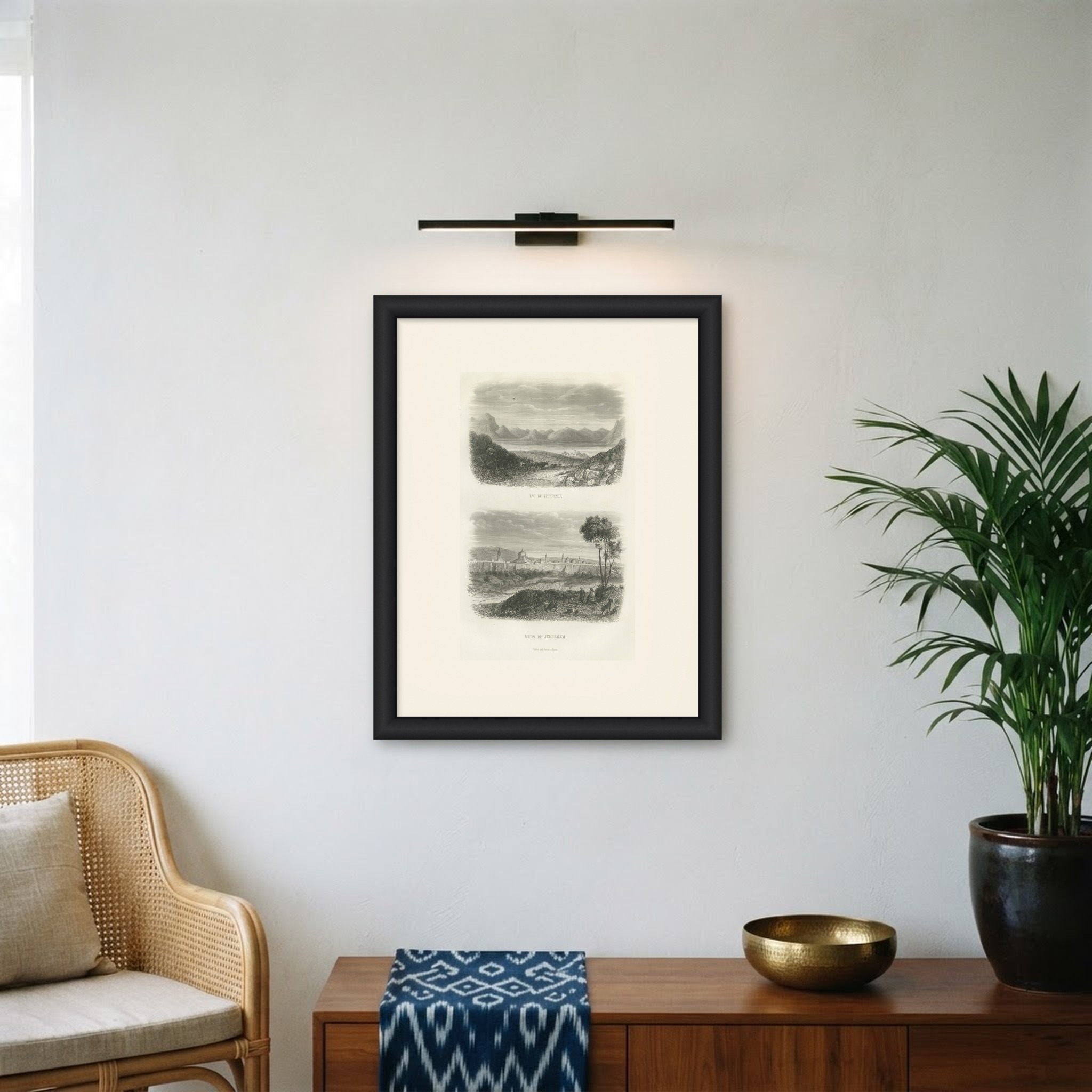 Sea of Galilee at Tiberias and Walls of Jerusalem, Antique Print, 1859, shown framed on a wall, true to size