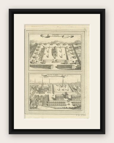Engraving of Thai Buddhist Temple and Monastery in Ayutthaya, Siam, 1751, shown framed