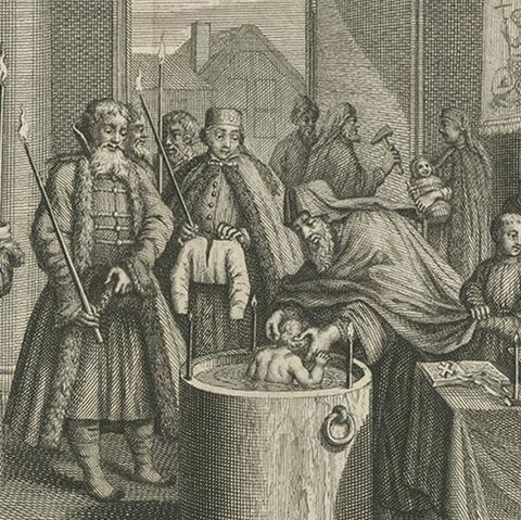 Mid-18th Century Engraving Depicting The Baptism of Russians, 1735, close-up 2