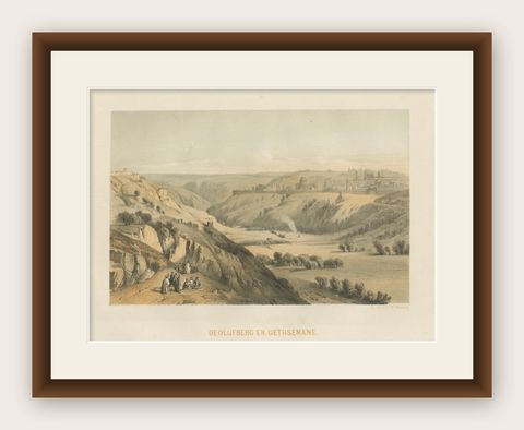 Rare Chromolithograph of the Mount of Olives and Gethsemane near Jerusalem, 1862, shown framed