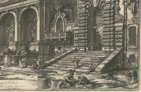 1751 Engraving of Roman Fountain and Church, Fountain of Moses and Santa Maria, close-up 2