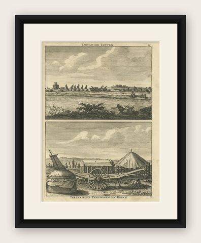 Antique Print of Tartar Tents, Wagon and a Tartar Church, 1714, shown framed