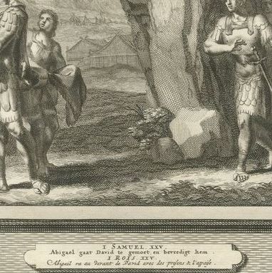 David Spares Saul and Abigail Meets David, Mortier Bible circa 1700, close-up 2