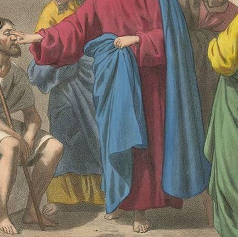 Antique Religious Print 'No. 20' Jesus Heals a Man Born Blind, circa 1840, close-up 2