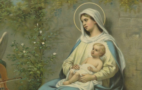 Virgin Mary with Christ Child & Angel Musicians, German Chromolithograph, 1900, close-up 3