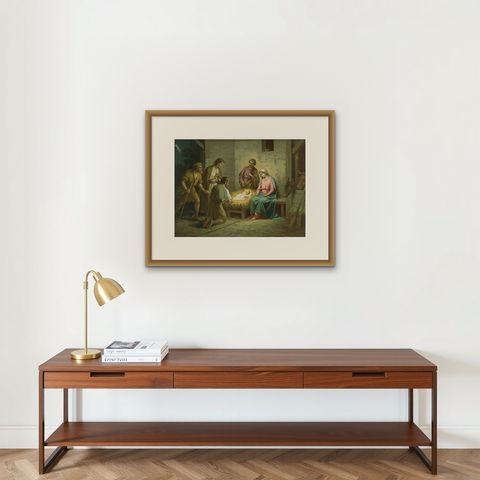 Adoration of the Shepherds Nativity Scene, German Chromolithograph, 1900, shown framed on a wall, true to size