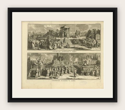 Antique Print of Japanese Wedding and Funeral Ceremonies by B. Picart, c.1730, shown framed