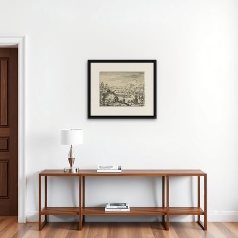Engraving of Roman Punishments of Mass Crucifixion Outside the City Wall, 1690, shown framed on a wall, true to size