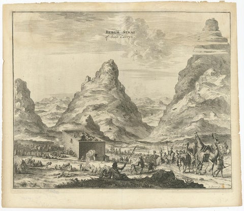 Rare Engraving of Mount Sinai with St. Catherine's Monastery and Bedouins, 1680, view 2