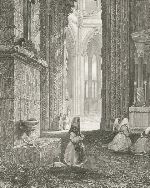 Antique Interior View of Batalha Monastery, Portugal, Engraving, circa 1850, close-up 1
