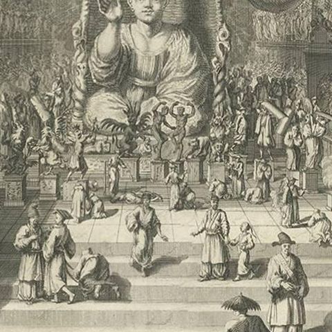 Antique Print of a Temple in Japan with Religious Idols by B. Picart, 1726, close-up 2
