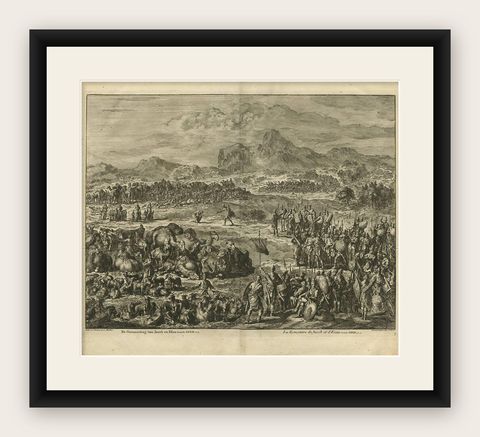 Antique Bible Print the Meeting of Jacob and Esau by J. Luyken, 1743, shown framed