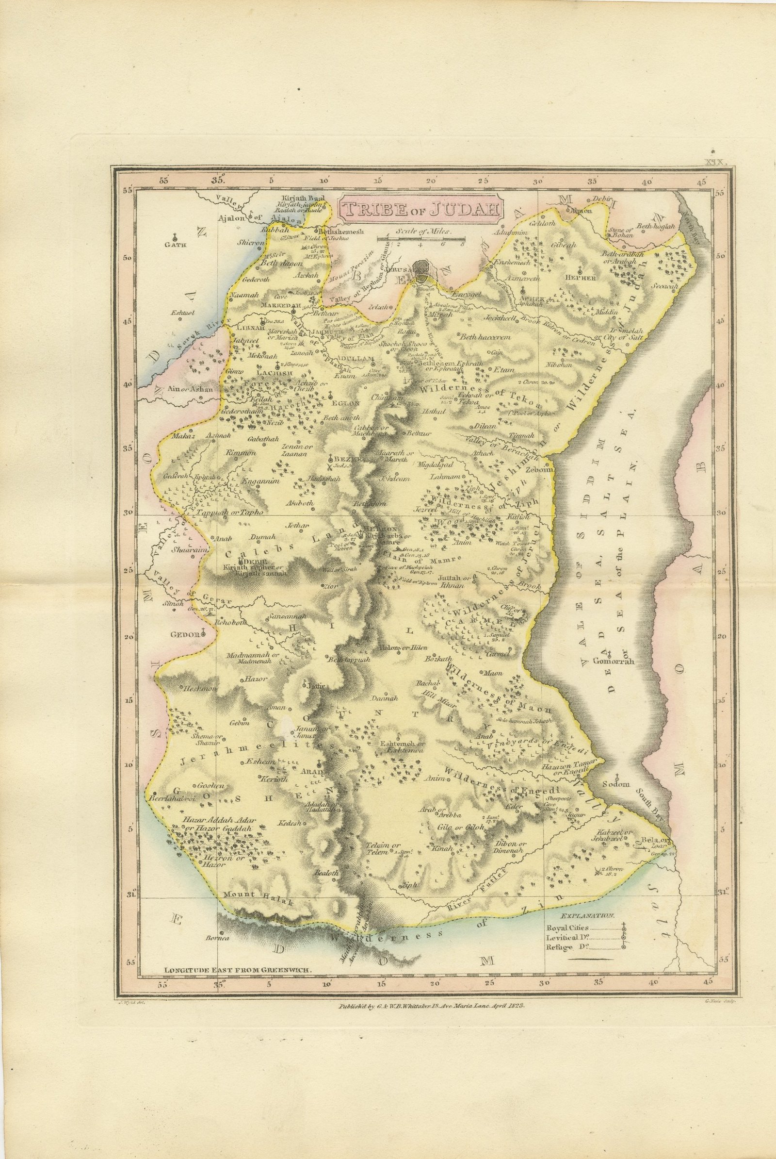 Antique Hand-Colored Map of the Tribe of Judah and the Dead Sea, 1823