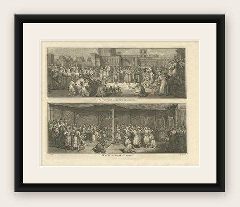 Antique Print of Religious Ceremonies by Picart, 1727, shown framed