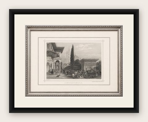 Antique Constantinople Street Scene Print, Ottoman Market Mosque View, c.1850, shown framed