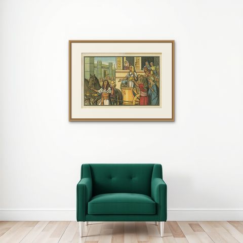 Antique Religion Print of the Pharaoh and Israelites, 1913, shown framed on a wall, true to size
