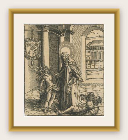 Saint Radegonde Exorcising a Demon, Burgkmair Circle, c.1516 Woodcut, shown framed
