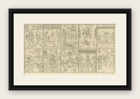 Religious Antique Print of The Ten Divine Transformation, 1727, shown framed