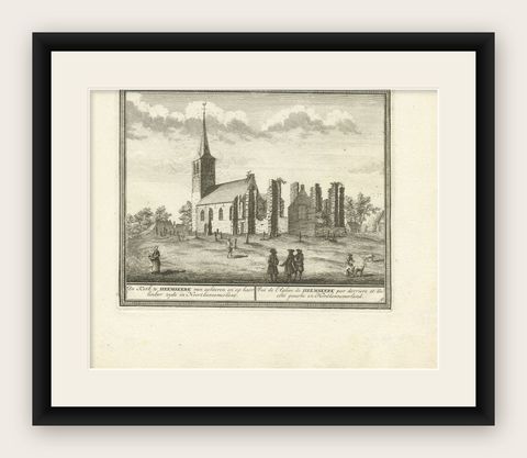 Antique Print of the Church of Heemskerk in The Netherlands, c.1730, shown framed