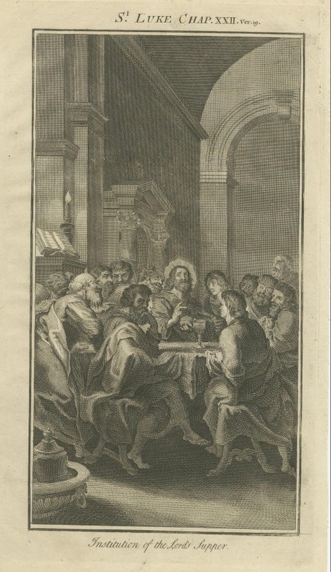 Last Supper Engraving, Luke XXII Institution of Lord’s Supper c.1735, close-up 4