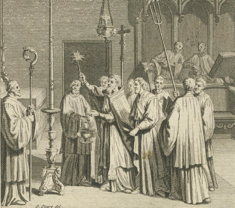 Holy Week and Candlemas Rites, 1734 Engraving of Catholic Liturgical Scenes, close-up 1
