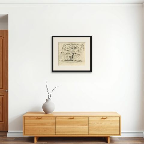 Antique Religious Print of Priests and Levites by A. Calmet, 1725, shown framed on a wall, true to size