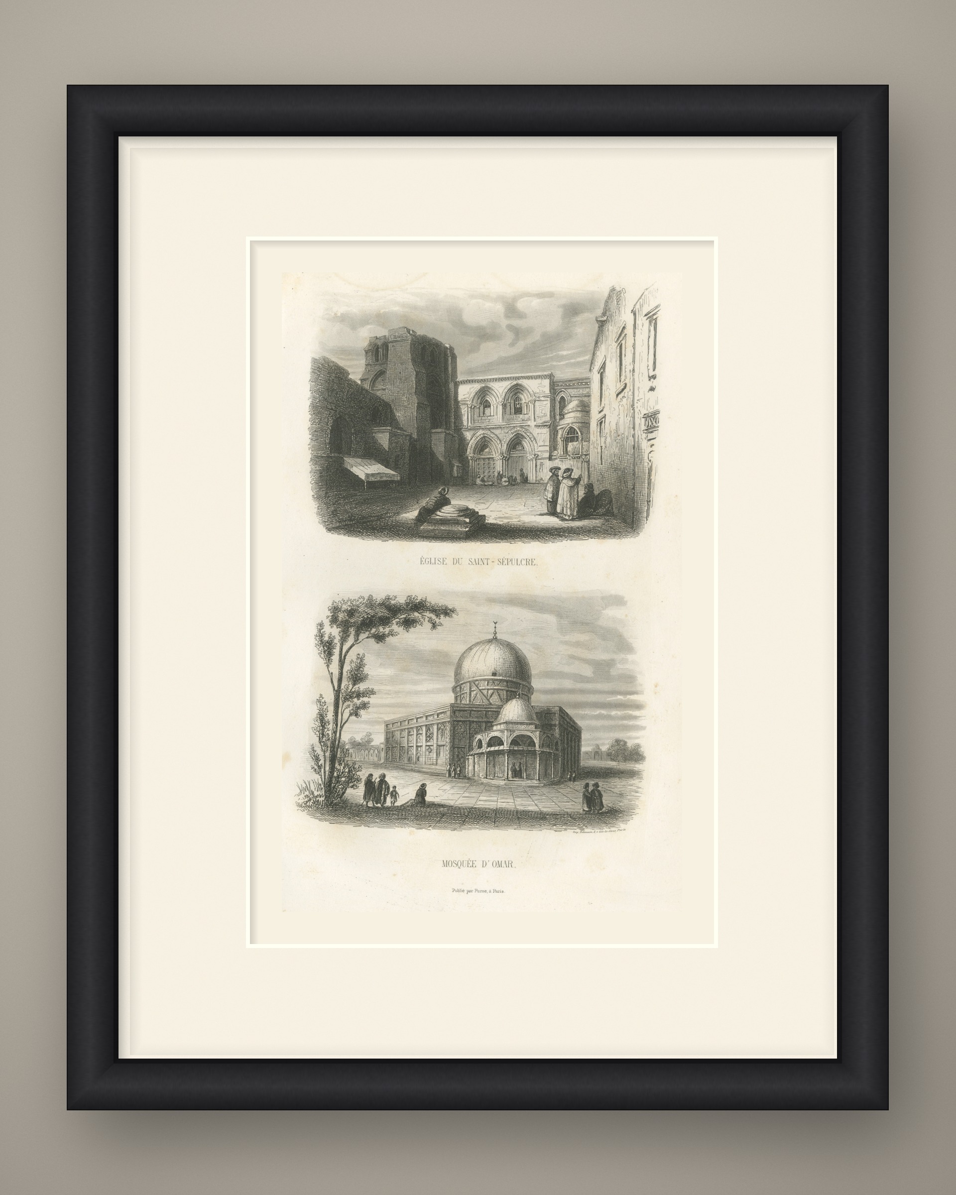 Holy Sepulchre Church and Dome of the Rock, Jerusalem, Antique Print, 1859, shown framed