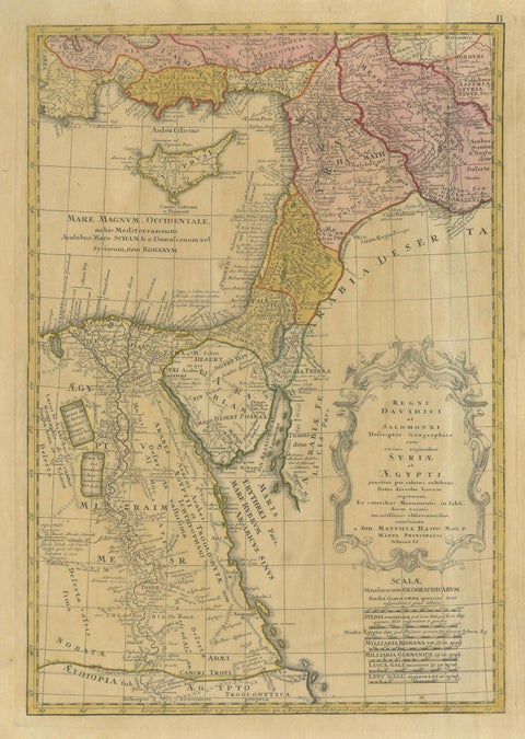 Antique Biblical Map Holy Land, David & Solomon Kingdoms, Hase 1739, close-up 1
