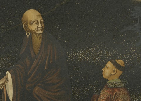 Japanese Monk and Young Attendant: Antique Lithograph, 1880s, close-up 2