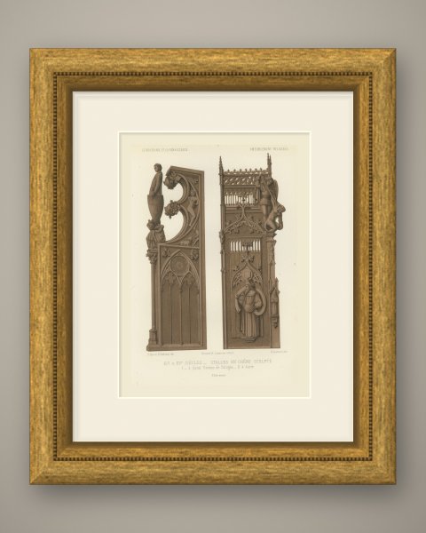 Carved Oak Stalls, Cologne and Aosta, Antique Print, 1851, shown framed