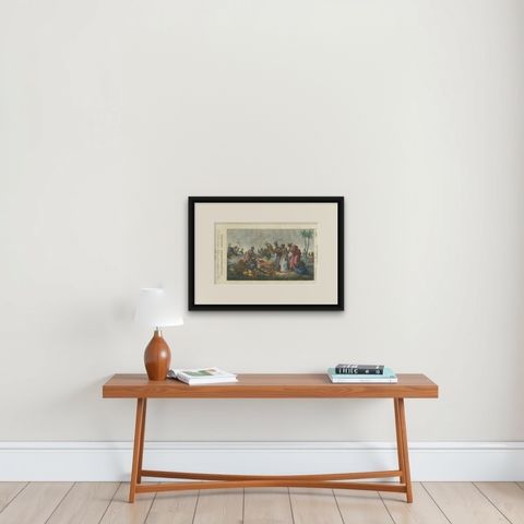 Historical Depiction of a Widow's Sacrifice on a Funeral Fire in India, 1827, shown framed on a wall, true to size