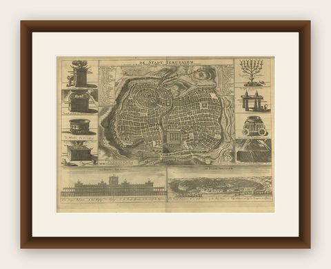 Antique Bible Plan of Ancient Jerusalem, 1743, shown framed