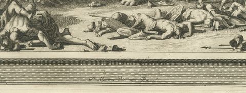 Death of Antiochus and Eleazar Slays the War Elephant, Mortier, circa 1700, close-up 1