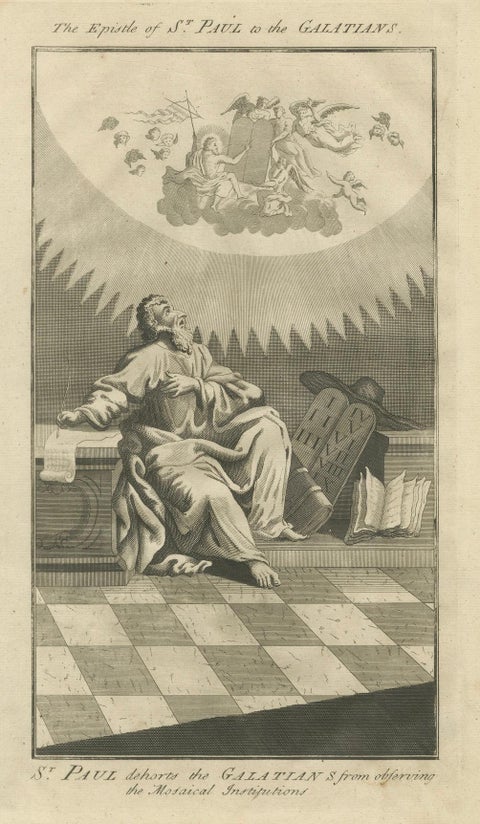 St. Paul to Galatians, Rejecting Mosaic Law, Antique Engraving c.1735, close-up 6