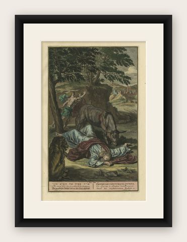 Original Antique Print Showing the Prophet Killed by a Lion 'I Kings XII', 1728, shown framed