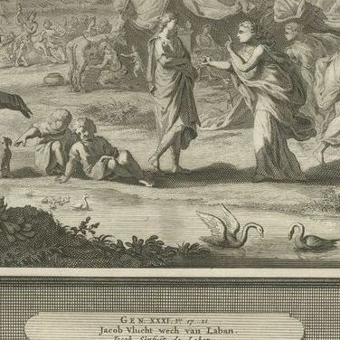Leah and the Mandrakes and Jacob Flees from Laban, Mortier Bible circa 1700, close-up 2