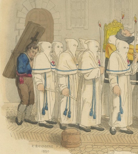 Funeral Procession in Rome with Hooded Figures and Clergy, London 1820, close-up 3