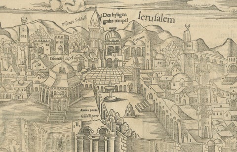 Jerusalem, Holy City View, Early Renaissance Woodcut, c.1560, close-up 5