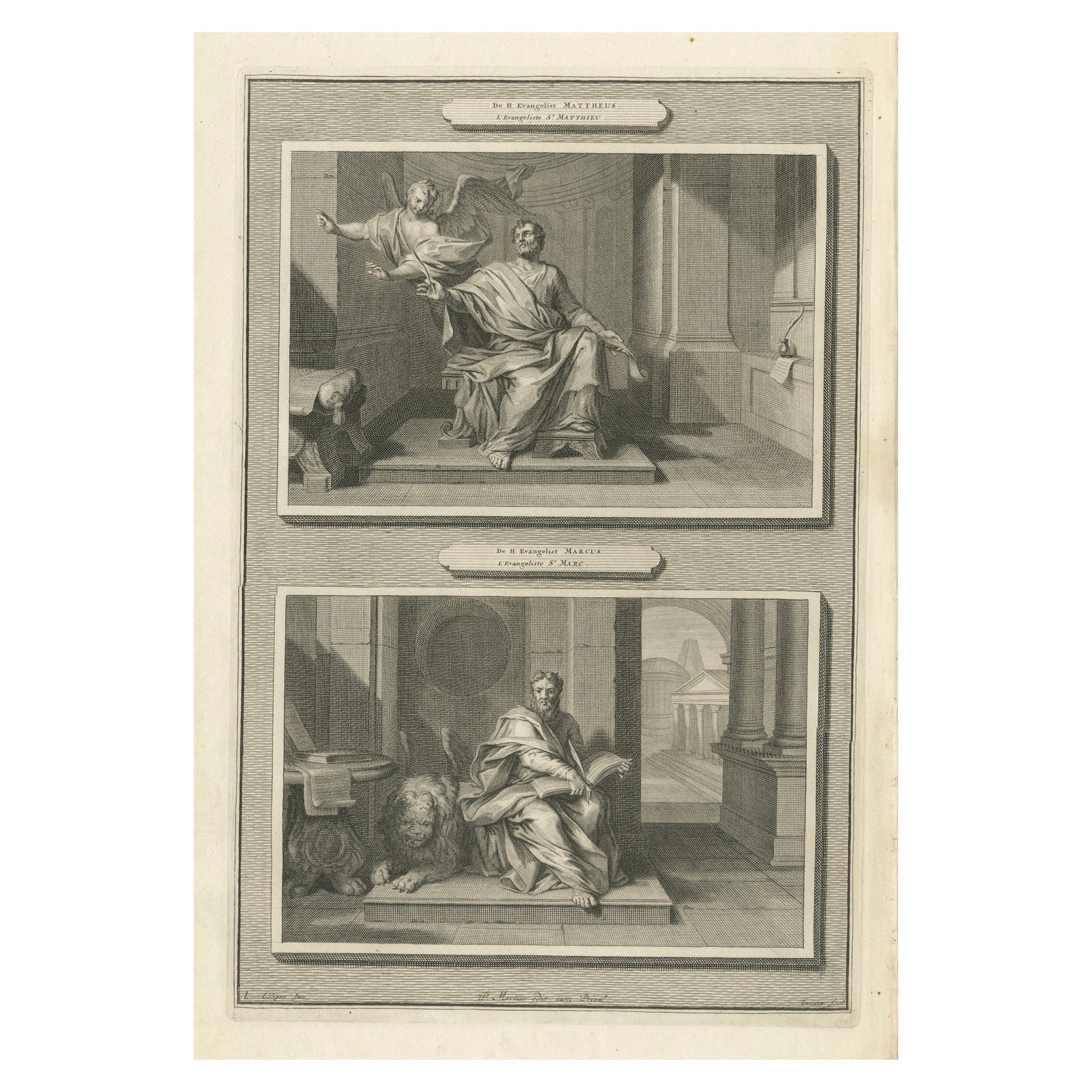 Biblical Engraving, Evangelists Matthew & Mark, Pieter Mortier, Early 1700s