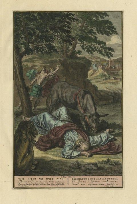 Original Antique Print Showing the Prophet Killed by a Lion 'I Kings XII', 1728, close-up 1