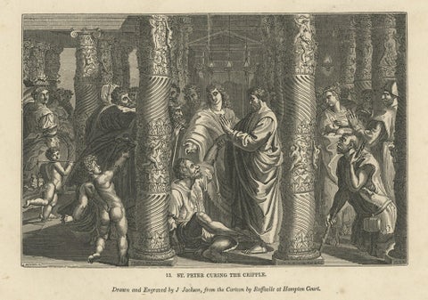Religious Antique Print of St. Peter Healing the Cripple, 1835, close-up 1