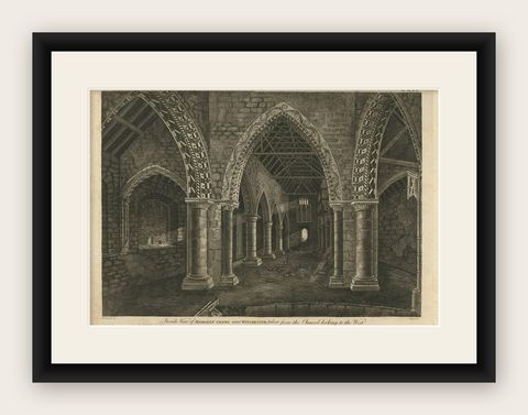 Antique Print with Inside View of Magdalen Chapel, Winchester, Hampshire, 1790, shown framed