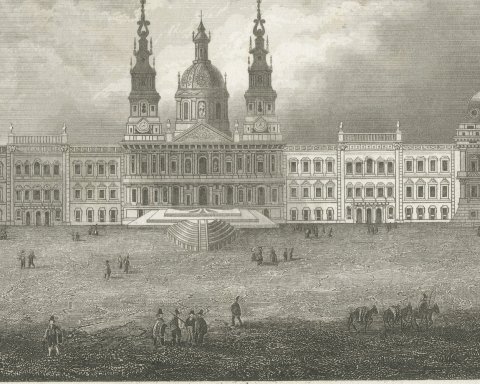 The Monastery Palace of Mafra, Portugal, Antique Architectural View, circa 1850, close-up 1