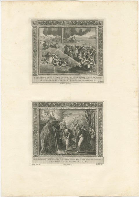 Religious Old Print of Moses Making Water & The Crossing of the Red Sea, ca.1850, view 2