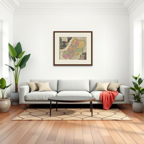 Hand-Colored Map of the Holy Land Divided Among the Twelve Tribes, c.1720, shown framed in a room, true to size
