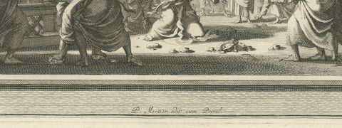 Dead Man Revived by Elisha's Bones and Zechariah Stoned, Mortier, circa 1700, close-up 1