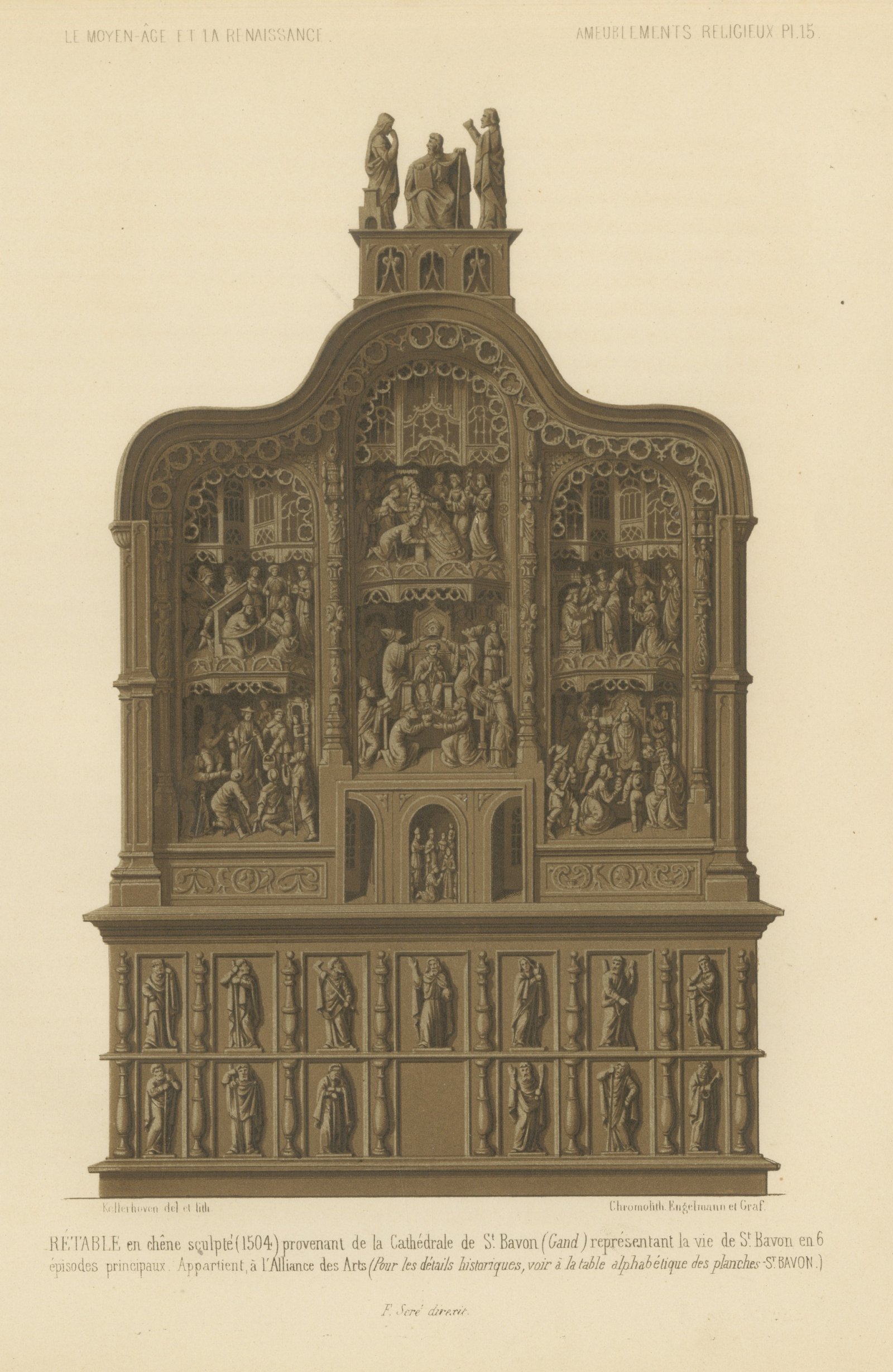 Carved Oak Retable of 1504 from Saint Bavon, Ghent, Antique Print, 1851