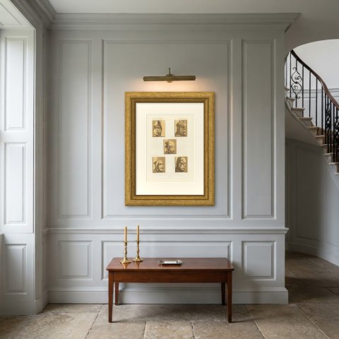 Carved Stall Heads, Vitteaux, Antique Chromolithograph, 1851, shown framed on a wall, true to size