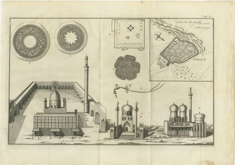 Shrine Buildings, Medallions and Plan of Mesched Ali, Niebuhr Print, 1780, view 2