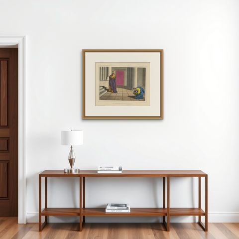 Antique Religious Print 'No. 16' The Pharisee and the Publican, circa 1840, shown framed on a wall, true to size